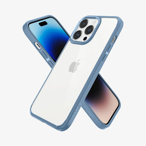 Spigen iPhone 14 Pro Max Case – Ultra Hybrid in Sierra Blue – angled front and back views