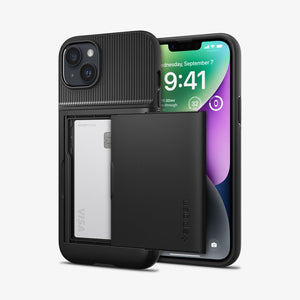 Spigen iPhone 14 Plus Case – Slim Armor CS in Black – front and back views with a card in the slot
