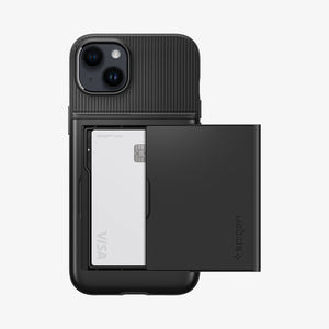 Spigen iPhone 14 Plus Case – Slim Armor CS in Black – back view with the card slot open