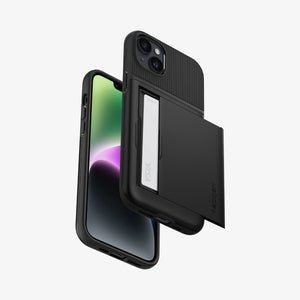 Spigen iPhone 14 Plus Case – Slim Armor CS in Black – front, back, side, and bottom views with a card inserted