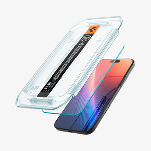 Spigen iPhone 17 Pro / 17 Screen Protector – GLAS.tR EZ Fit (2 Pack) - Clear - alignment tray positioned above the device