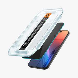 Spigen iPhone 17 Pro / 17 Screen Protector – GLAS.tR EZ Fit | Privacy - Privacy - alignment tray positioned above the device