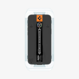 Spigen iPhone 17 Pro / 17 Screen Protector – GLAS.tR EZ Fit | Privacy - Privacy - privacy protector and installation tray on the device