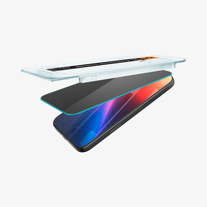 Spigen iPhone 17 Pro / 17 Screen Protector – GLAS.tR EZ Fit | Privacy - Privacy - alignment tray partially above the protector and device