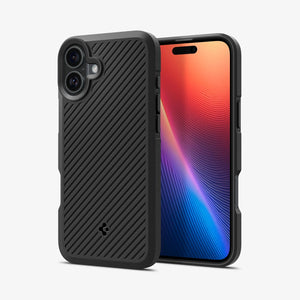 Spigen Core Armor case in Matte Black for iPhone 16 - front and rear angled views