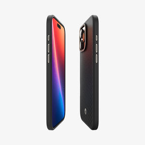 Spigen Enzo Aramid MagFit case in Black Natural for iPhone 16 Pro - front rear and side profiles