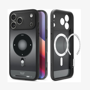 ACS10076 - iPhone 17 Pro Case Ultra Hybrid Classic (MagFit) in Classic Black showing the back, partial front, and inner while detached magnet is hovering in front of the case