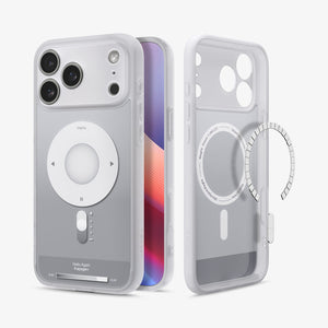 ACS10075 - iPhone 17 Pro Case Ultra Hybrid Classic (MagFit) in Classic Silver showing the back, partial front, and inner while detached magnet is hovering in front of the case