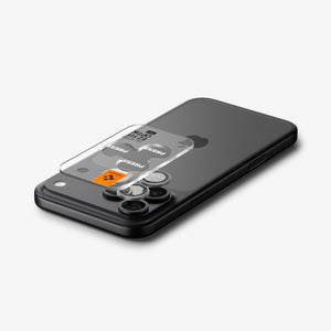 Spigen iPhone 17 Pro Max / 17 Pro Lens Protector – Optik Pro EZ Fit - Gray - alignment tray positioned above the camera lenses