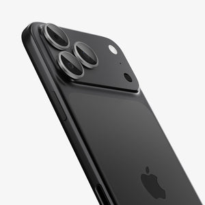 Spigen iPhone 17 Pro Max / 17 Pro Lens Protector – Optik Pro EZ Fit - Gray - angled view of gray protectors