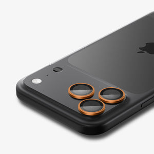Spigen iPhone 17 Pro Max / 17 Pro Lens Protector – Optik Pro EZ Fit - Orange - installed orange protectors close-up
