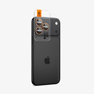 Spigen iPhone 17 Pro Max / 17 Pro Lens Protector – Optik Pro EZ Fit - Orange - orange protectors installed on device