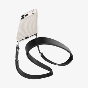 Spigen iPhone 17 Pro Liquid Air case in Natural Titanium – crossbody lanyard view