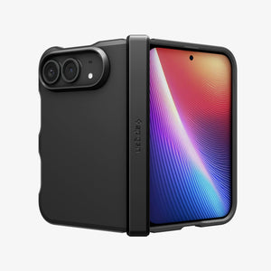 iPhone Duo Tough Armor Pro (Mag Fit) in Black showing the rugged case in a partially folded position with full hinge and camera protection