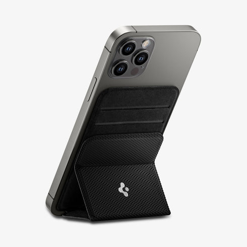 AMP02835 - Universal Card Holder Smart Fold in gunmetal showing the front attached to the back of a device