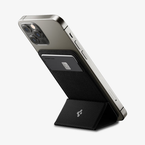 AMP02835 - Universal Card Holder Smart Fold in gunmetal showing the front attached to the back of a device