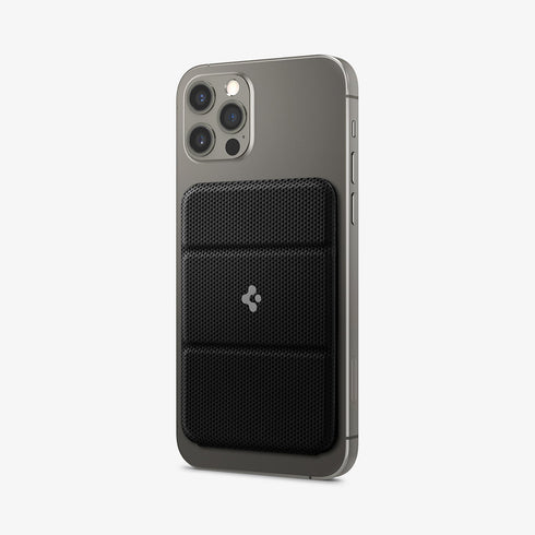 AMP02835 - Universal Card Holder Smart Fold in gunmetal showing the front attached to the back of a device