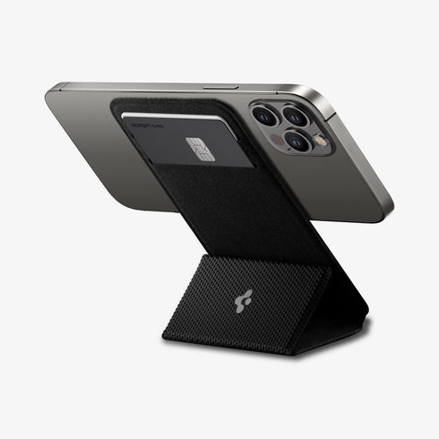 AMP02835 - Universal Card Holder Smart Fold in gunmetal showing the front attached to the back of a device