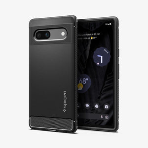 Spigen Google Pixel 7a Case – Rugged Armor — Matte Black front and rear views