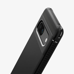 Spigen Google Pixel 7a Case – Rugged Armor — Matte Black camera-bar edge close-up