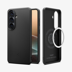 Spigen Galaxy S26 Case Thin Fit (Mag Fit) Black showing the back with the device and partial side with mag fit technology