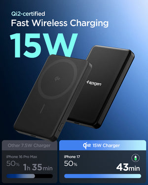 Spigen EA2205MQ black power bank showing Qi2-certified 15W wireless charging