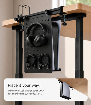 Under-desk LD406 installation holding headphones and coiled cables