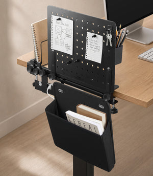 LD406 upright desk setup with notes, stationery, books and side organizer pouch