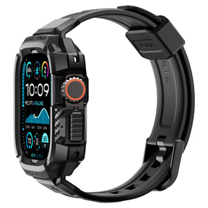 Spigen Apple Watch Ultra 4 / 3 / 2 / 1 (49mm) Case + Band – Rugged Armor Pro with Glass — Black, construction, fit or installation view 17