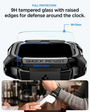 Spigen Apple Watch Ultra 4 / 3 / 2 / 1 (49mm) Case + Band – Rugged Armor Pro with Glass — Black, construction, fit or installation view 4