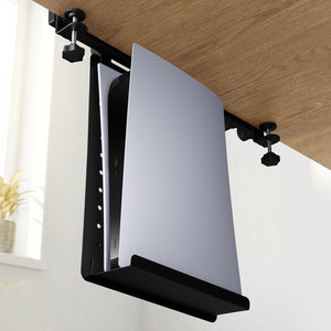 Under-desk LD406 shelf holding a laptop or tablet vertically
