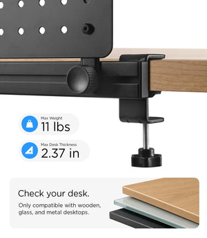 LD406 clamp guidance showing 11 lb load limit and 2.37 inch desk thickness limit