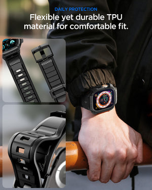 Spigen Apple Watch Ultra 4 / 3 / 2 / 1 (49mm) Case + Band – Rugged Armor Pro with Glass — Black, construction, fit or installation view 1