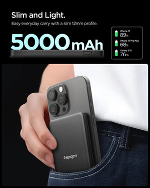 Slim 12mm black Spigen 5000mAh magnetic power bank in hand