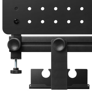 Rear mounting details of the LD406 pegboard, rail knobs and power strip tray