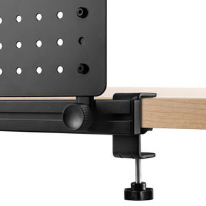 Side view of the LD406 pegboard attached to its adjustable rail and desk clamp