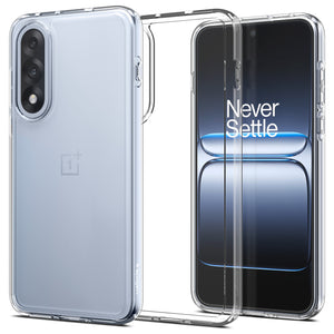 Crystal Clear Spigen Ultra Hybrid case shown on OnePlus Nord 5 5G from front and back