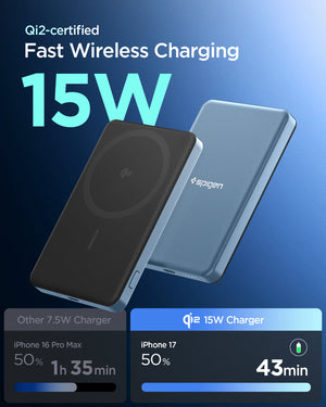 Spigen EA2205MQ Teal Blue power bank showing Qi2-certified 15W wireless charging