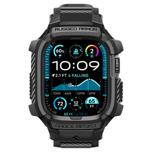 Spigen Apple Watch Ultra 4 / 3 / 2 / 1 (49mm) Case + Band – Rugged Armor Pro with Glass — Black, construction, fit or installation view 8