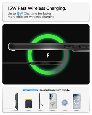 Spigen Showing the 15W fast wireless charging. Up to 15W charging for faster more efficient wireless charging.