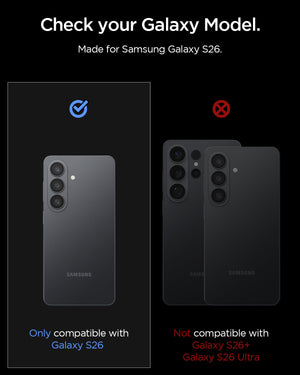 Spigen Galaxy S26 Optik EZ Fit Lens Pro Protector showing compatibility