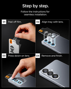 Spigen Galaxy S26 Optik EZ Fit Lens Pro Protector showing step by step follow the instructions for seamless installation