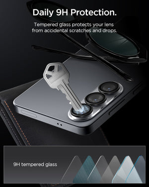Spigen Galaxy S26 Optik EZ Fit Lens Pro Protector showing daily 9h protection. tempered glass protects your lens from accidental scratches and drops