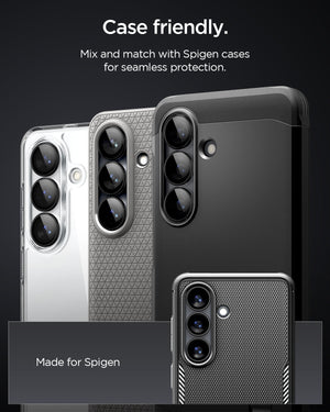 Spigen Galaxy S26 Optik EZ Fit Lens Pro Protector showing case friendly. mix and match with spigen cases for seamless protection