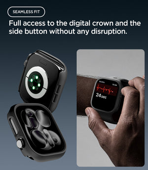 Apple Watch Series 12(46mm) Case Thin Fit in Black showing precise access to the crown and side button for seamless operation