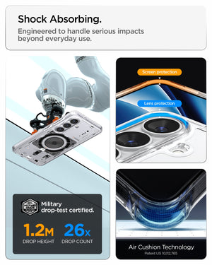 Spigen Galaxy S26 Plus Case Ultra Hybrid Neo One (Mag Fit) showing shock absorbing. engineered to handle serious impacts beyond everyday use