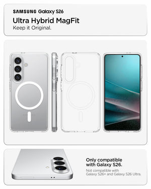 Spigen Galaxy S26 Case Ultra Hybrid (Mag Fit) Crystal Clear showing keep it original ultra hybrid magfit