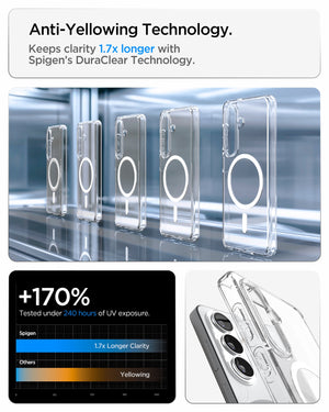 Spigen Galaxy S26 Case Ultra Hybrid (Mag Fit) Crystal Clear showing anti yellowing technology keeps clarity 1.7x longer with spigen's duraclear technology