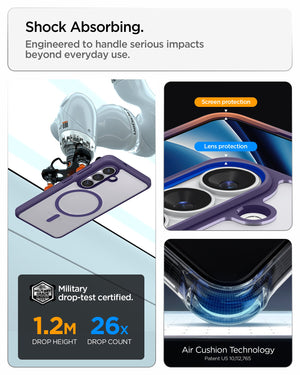 Spigen Galaxy S26 Case Ultra Hybrid (Mag Fit) Deep Purple showing shock absorbing. engineered to handle serious impacts beyond everyday use