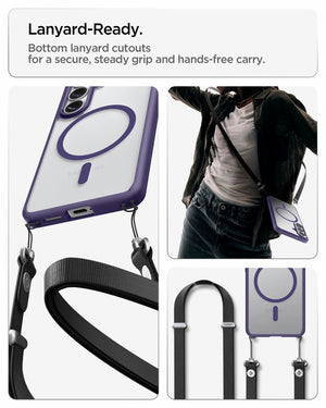 Spigen Galaxy S26 Case Ultra Hybrid (Mag Fit) Deep Purple showing lanyard ready. Bottom lanyard cutouts for a secure steady grip and hands free carry